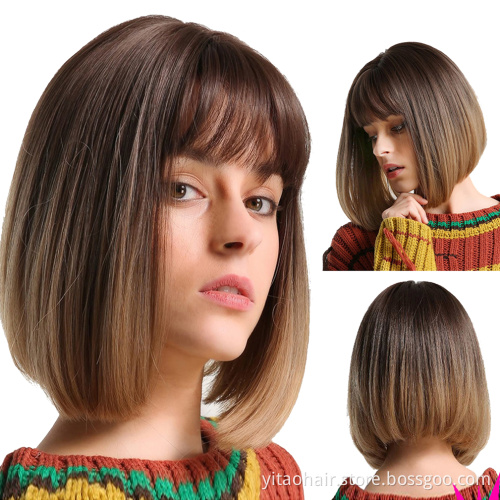 Anogol Cheap Ombre color black root Blonde Synthetic hair Bob Wigs With Bangs two tone 1B/#27 sik straight synthetic hair  wigs